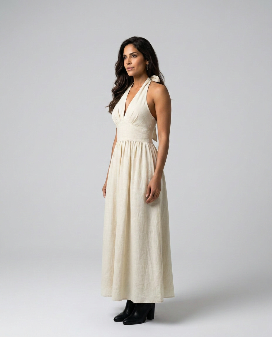 Salma | Halter V-Neck Gathered A-Line Maxi Dress