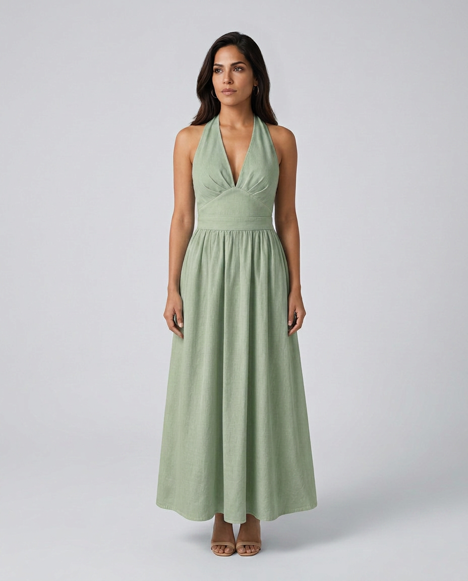 Salma | Halter V-Neck Gathered A-Line Maxi Dress