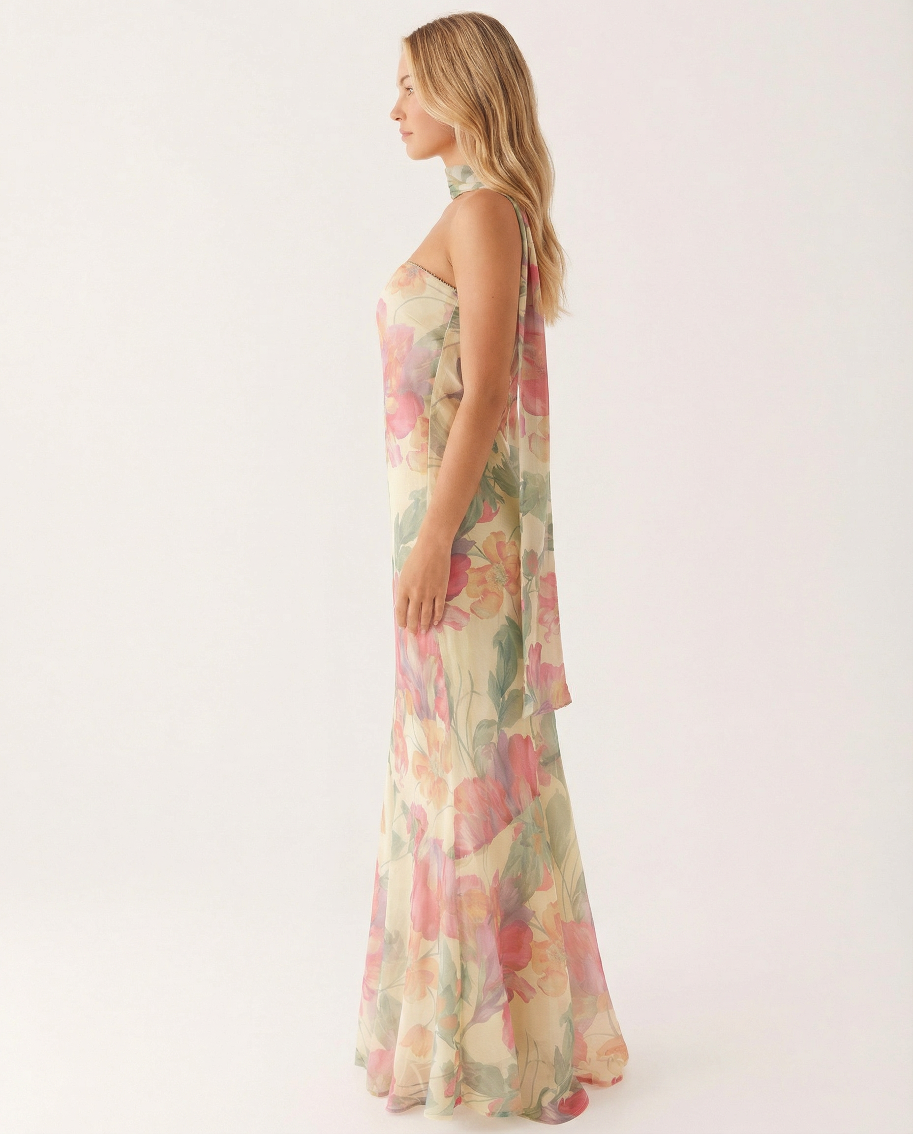 Shelia | Floral Chiffon Maxi Dress with Matching Scarf