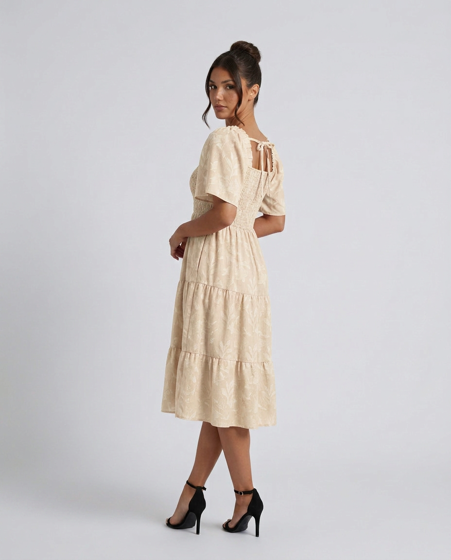 Della | Short Sleeve Textured Floral Midi Dress