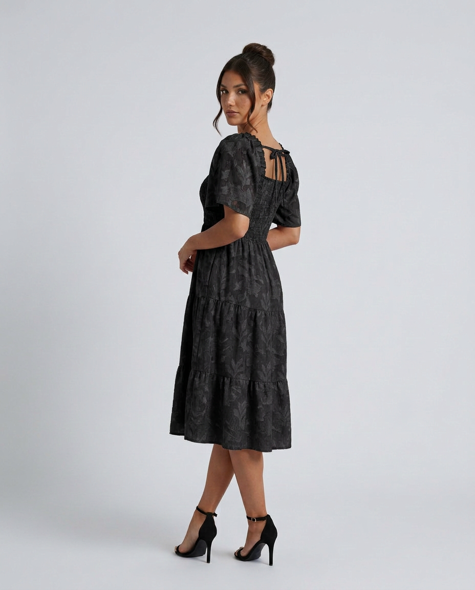 Della | Short Sleeve Textured Floral Midi Dress