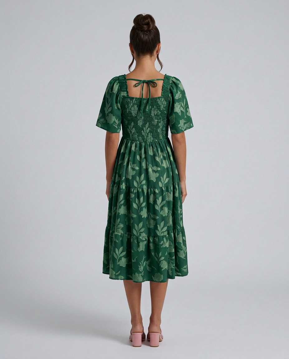 Della | Short Sleeve Textured Floral Midi Dress