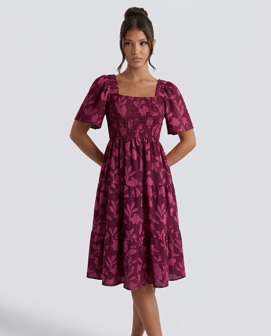 Della | Short Sleeve Textured Floral Midi Dress