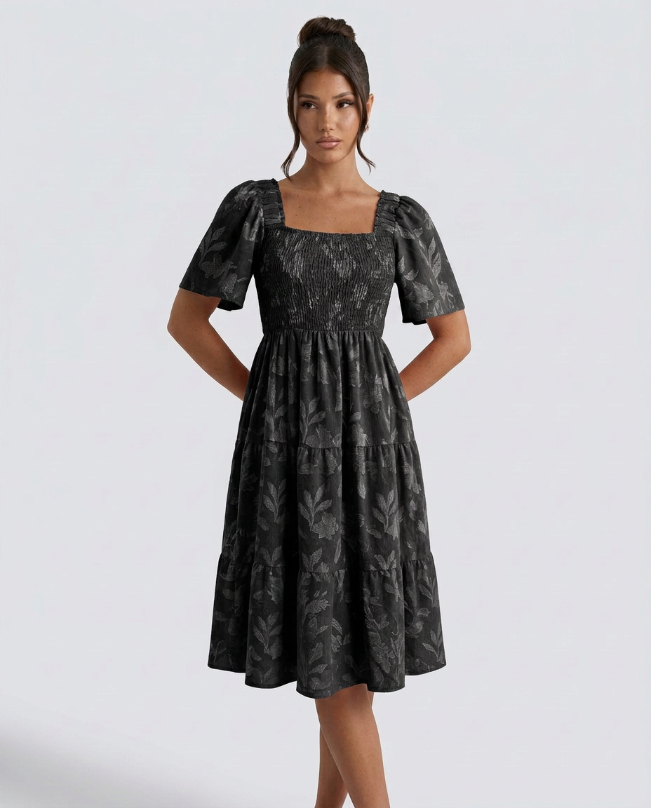 Della | Short Sleeve Textured Floral Midi Dress
