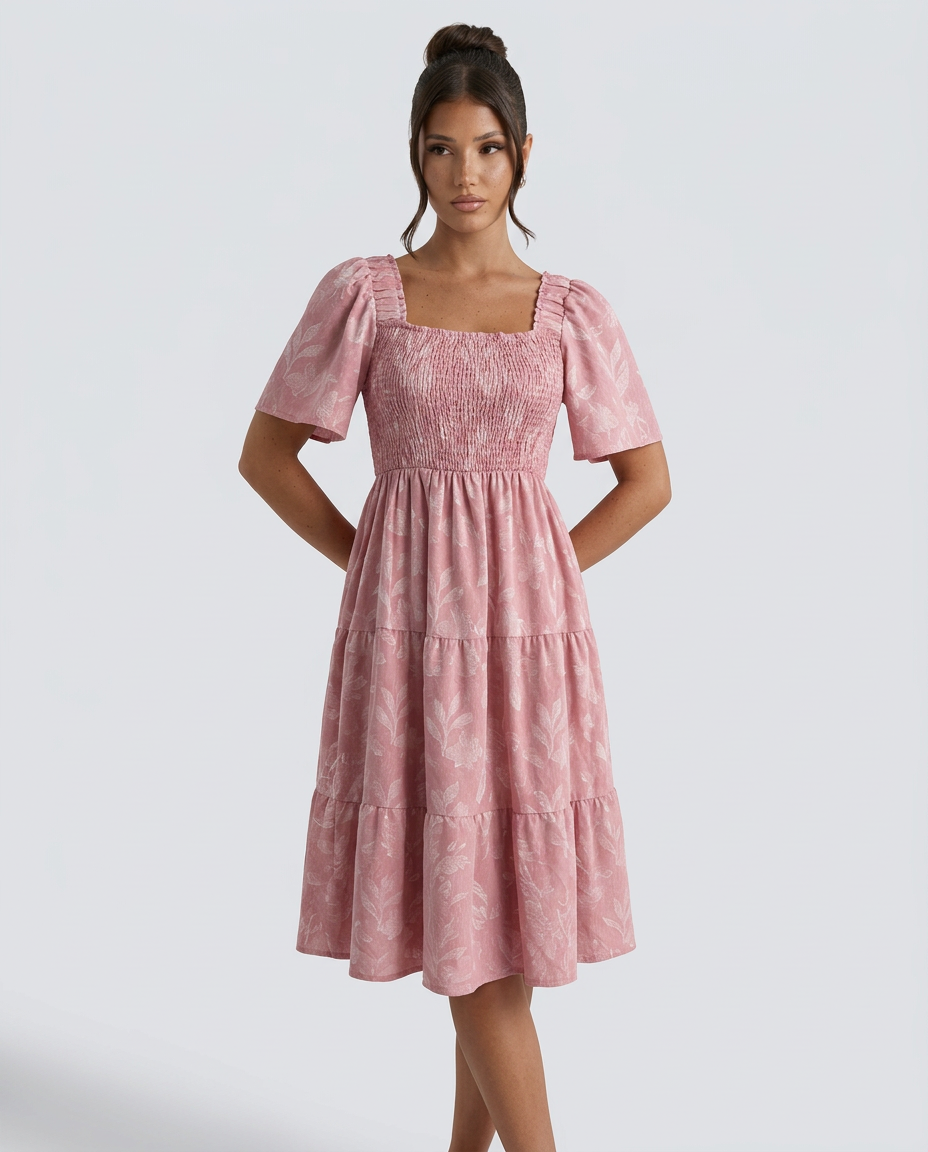 Della | Short Sleeve Textured Floral Midi Dress