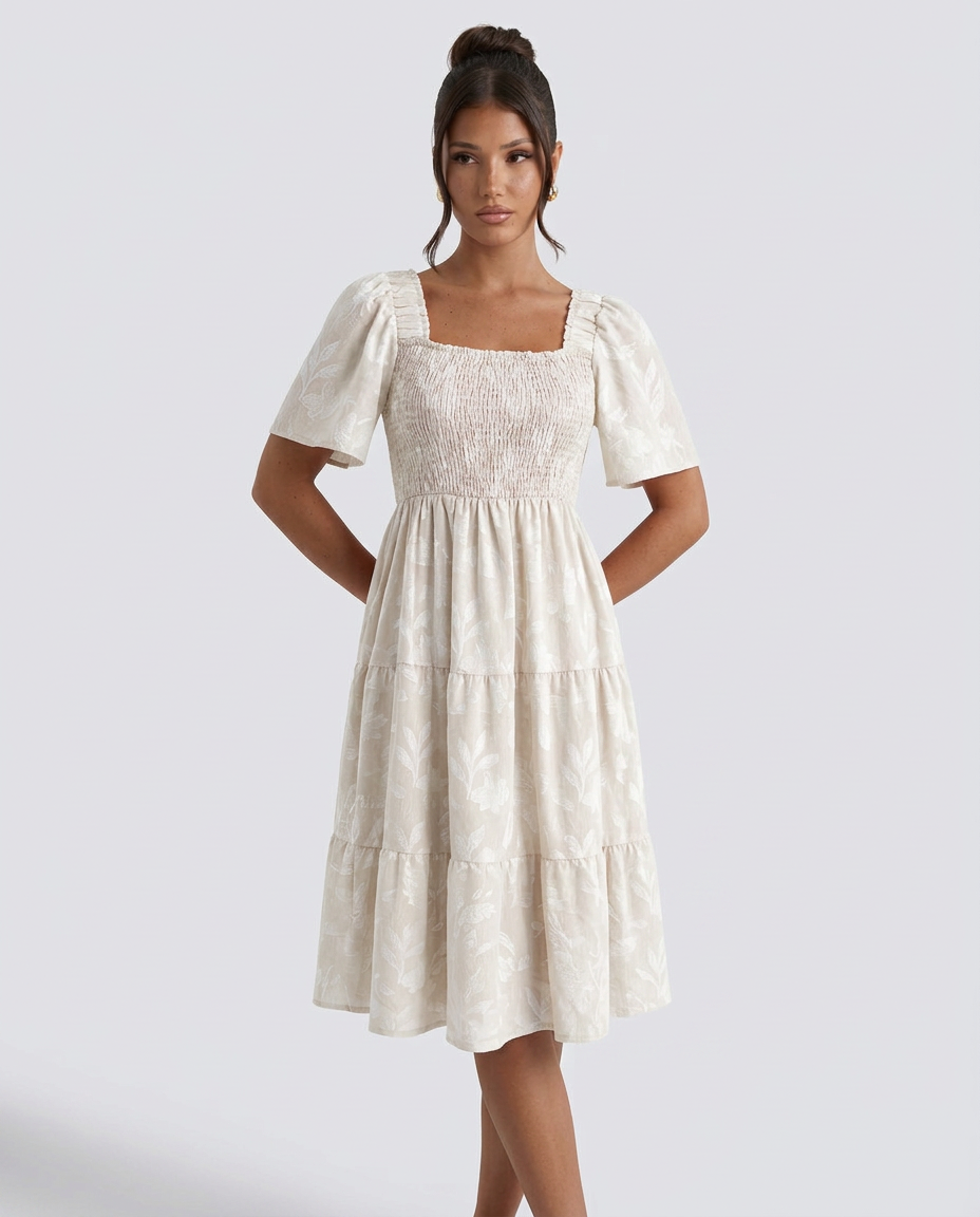 Della | Short Sleeve Textured Floral Midi Dress