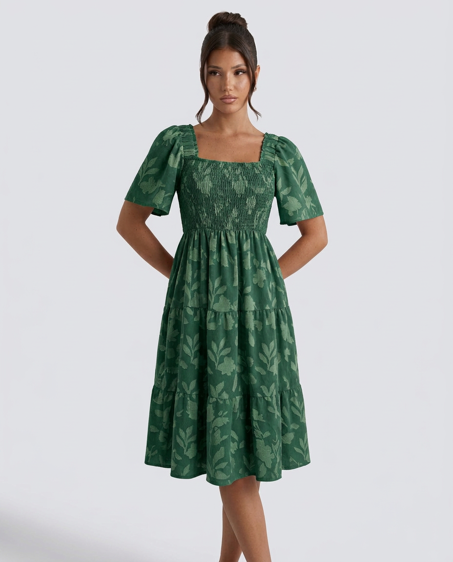 Della | Short Sleeve Textured Floral Midi Dress
