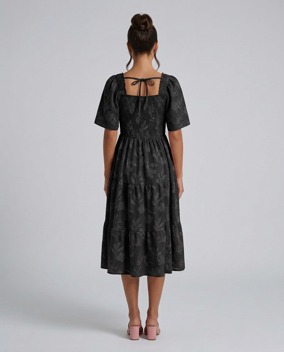 Della | Short Sleeve Textured Floral Midi Dress
