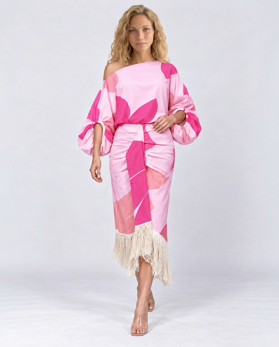Koda | Abstract Print Fringe Hem Midi Dress