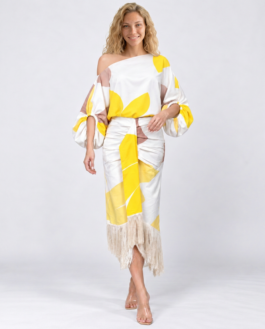 Koda | Abstract Print Fringe Hem Midi Dress
