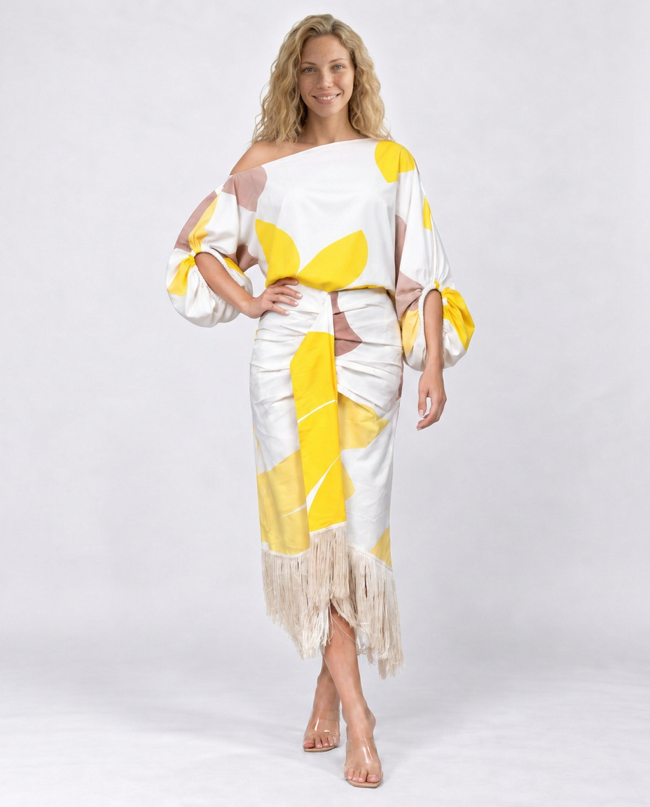Koda | Abstract Print Fringe Hem Midi Dress