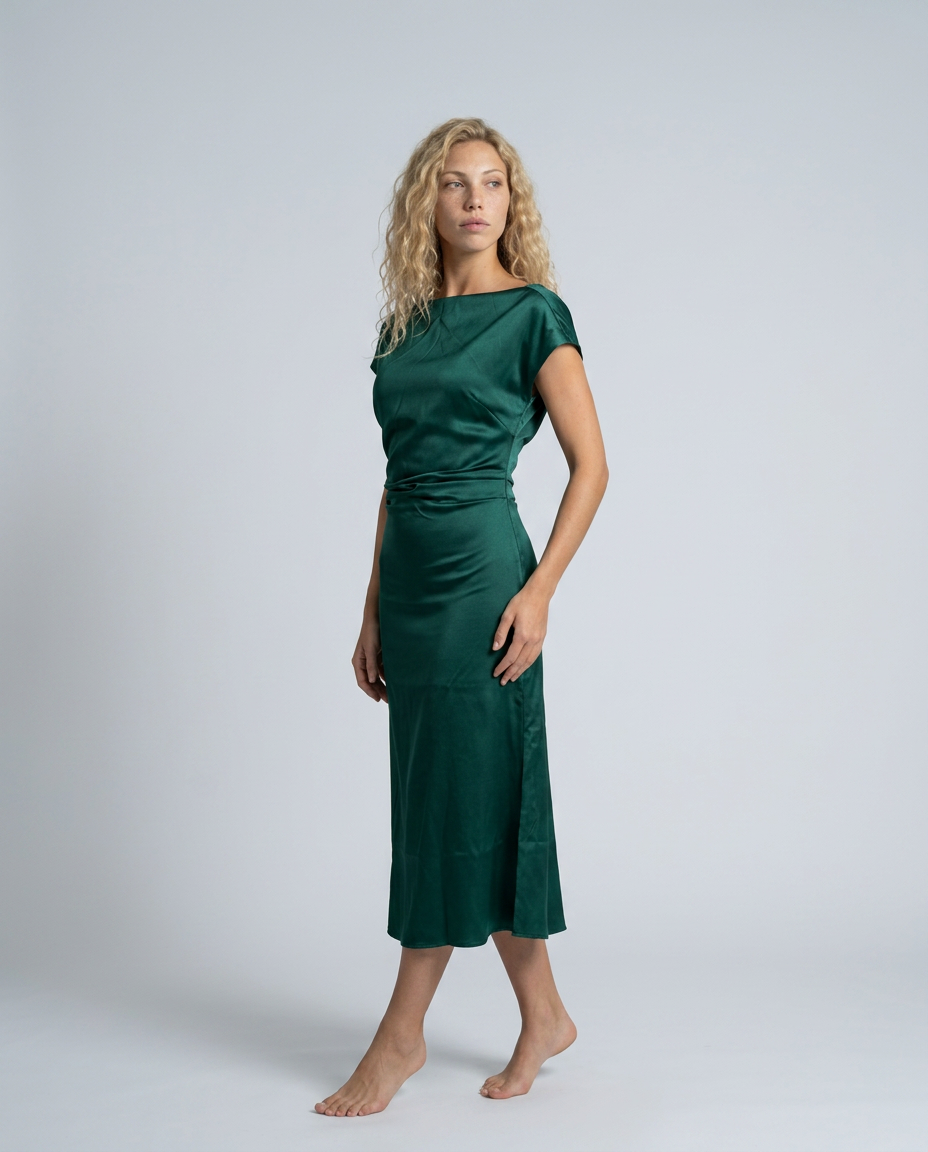 Nora | Short Sleeve Boat Neck Fitted Midi Dress