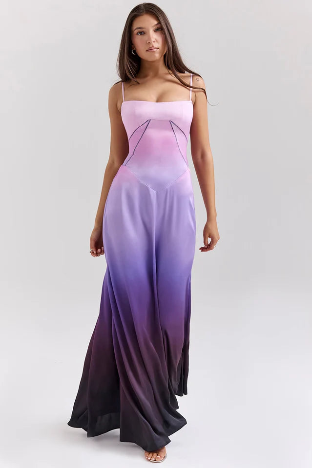 Women's Satin Lace Up Maxi Dress Purple Cherie