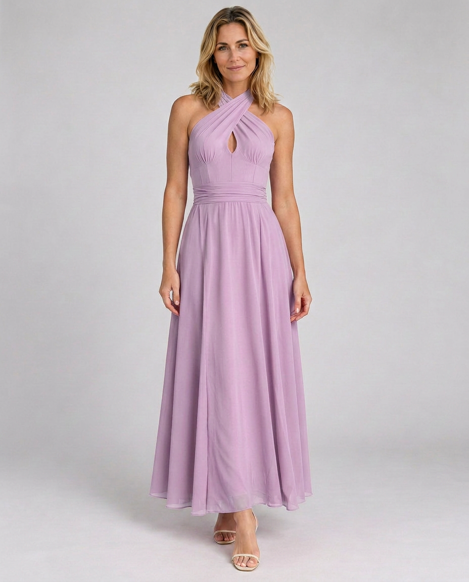 Edith | Cross Halter Draped Side Slit Midi Dress