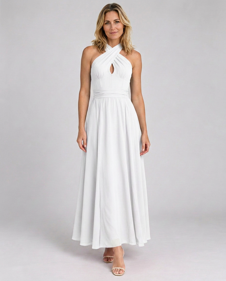 Edith | Cross Halter Draped Side Slit Midi Dress