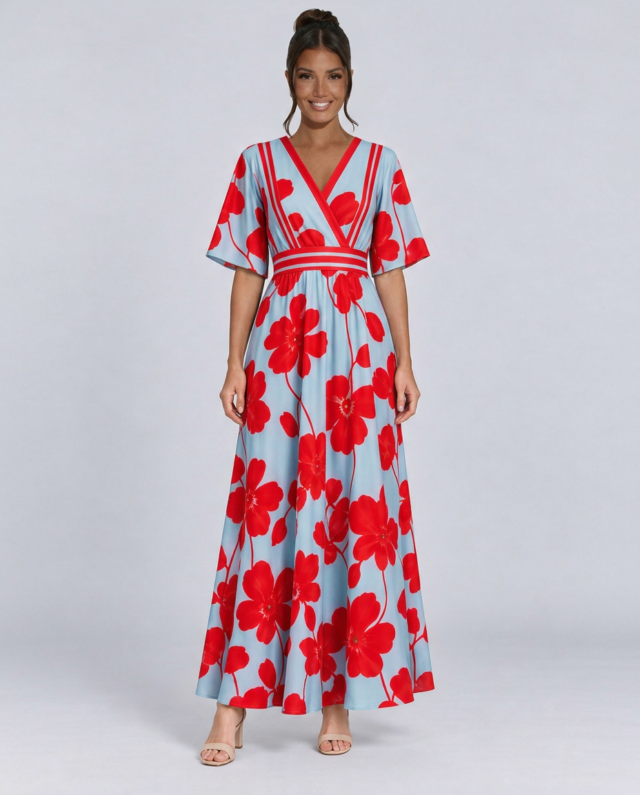 Talia | Floral V-Neck Short Sleeve Maxi Dress