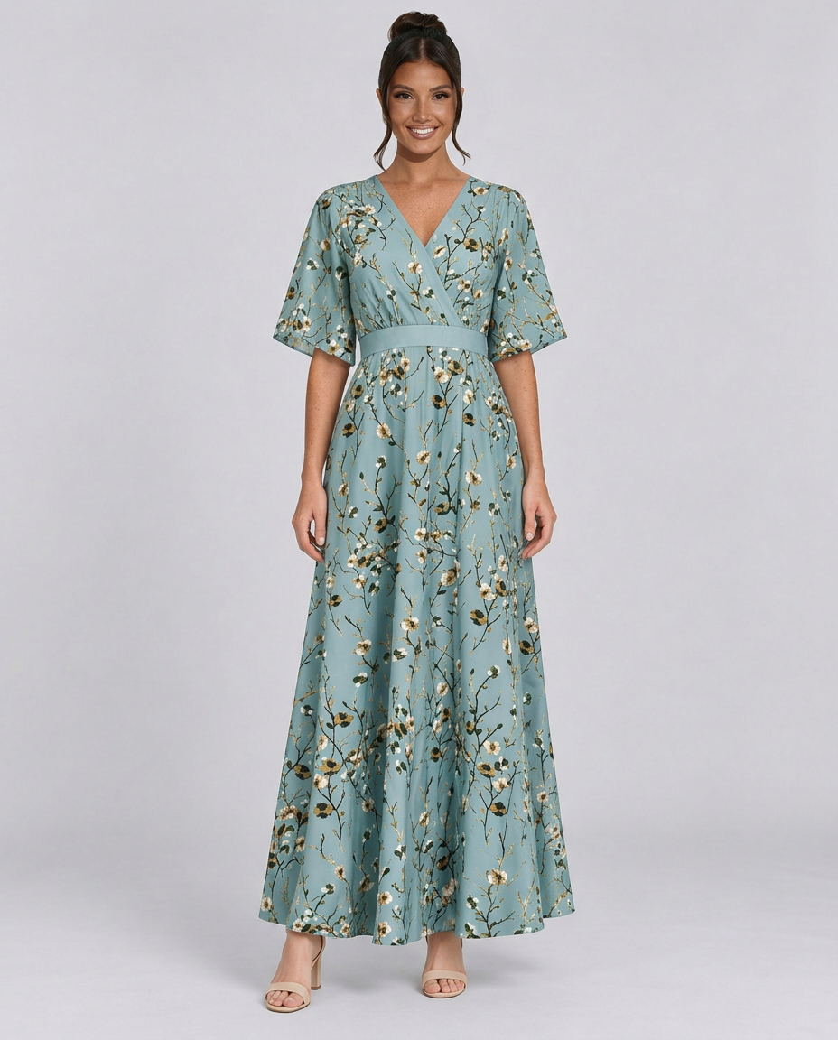 Talia | Floral V-Neck Short Sleeve Maxi Dress