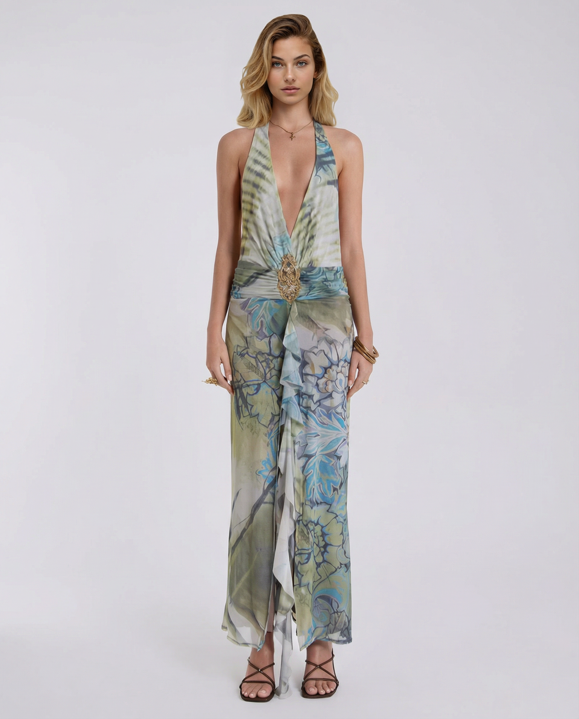 Sonya | Plunge Halter Printed Maxi Dress