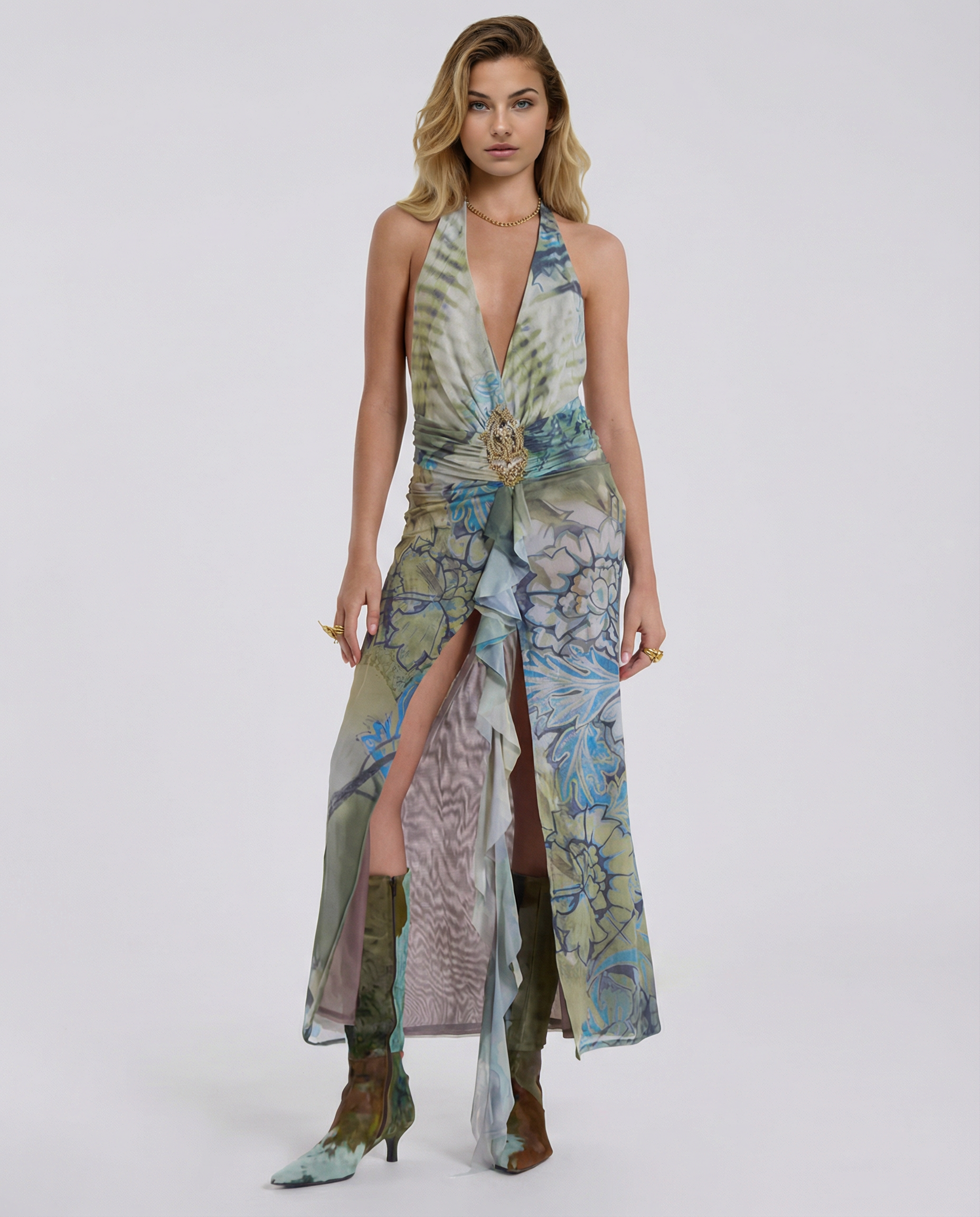 Sonya | Plunge Halter Printed Maxi Dress