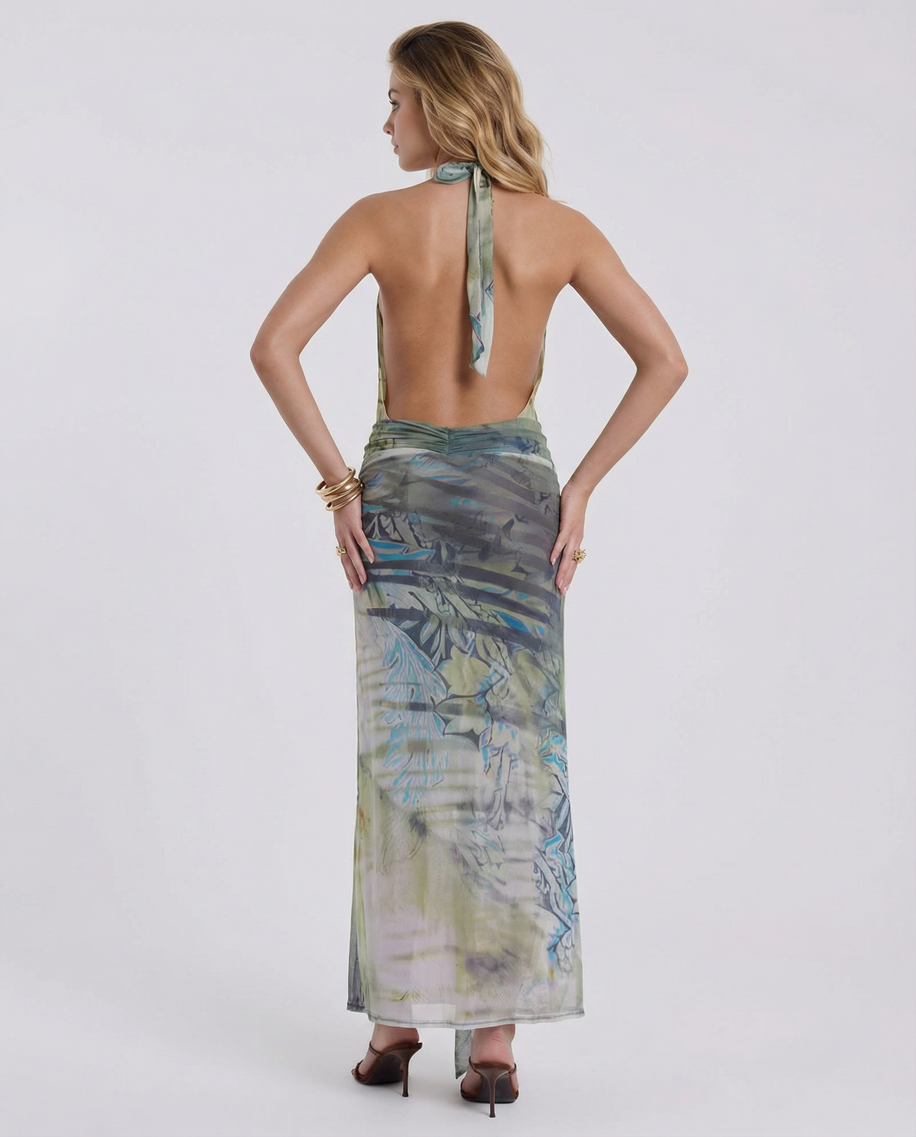 Sonya | Plunge Halter Printed Maxi Dress