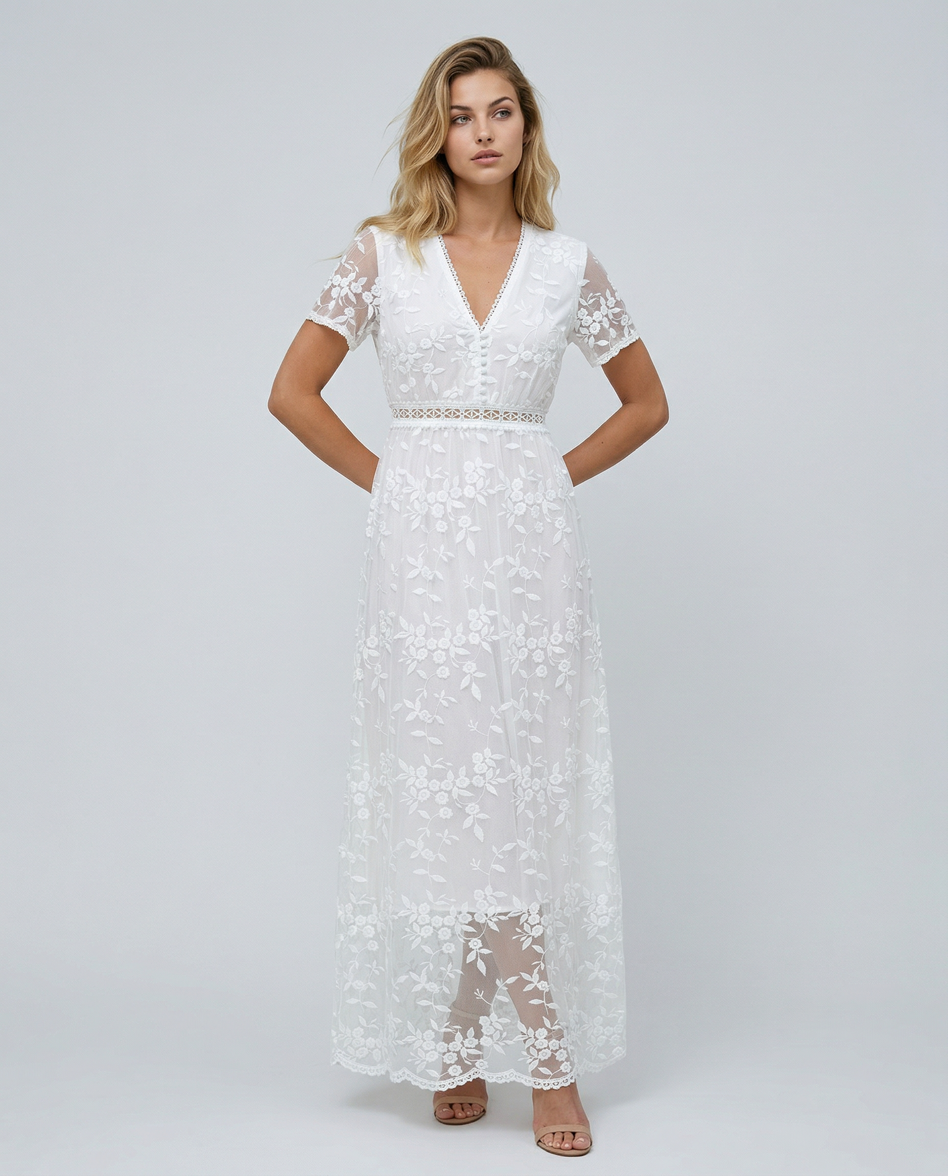 Women's Boho Floral Lace Maxi Dress V Neck Tanya