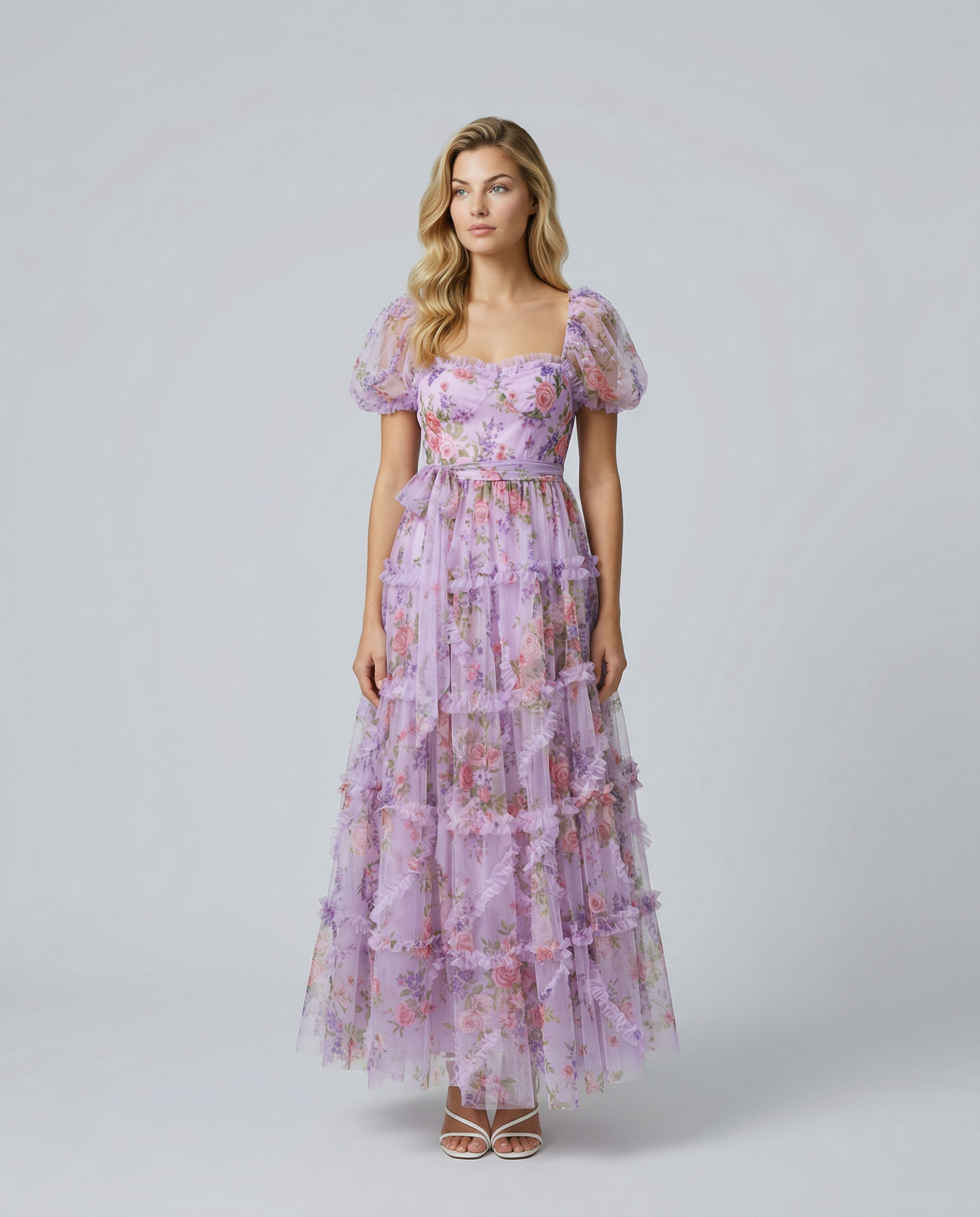 Dana | Maxi Dress with Floral Tulle and Puff Sleeves