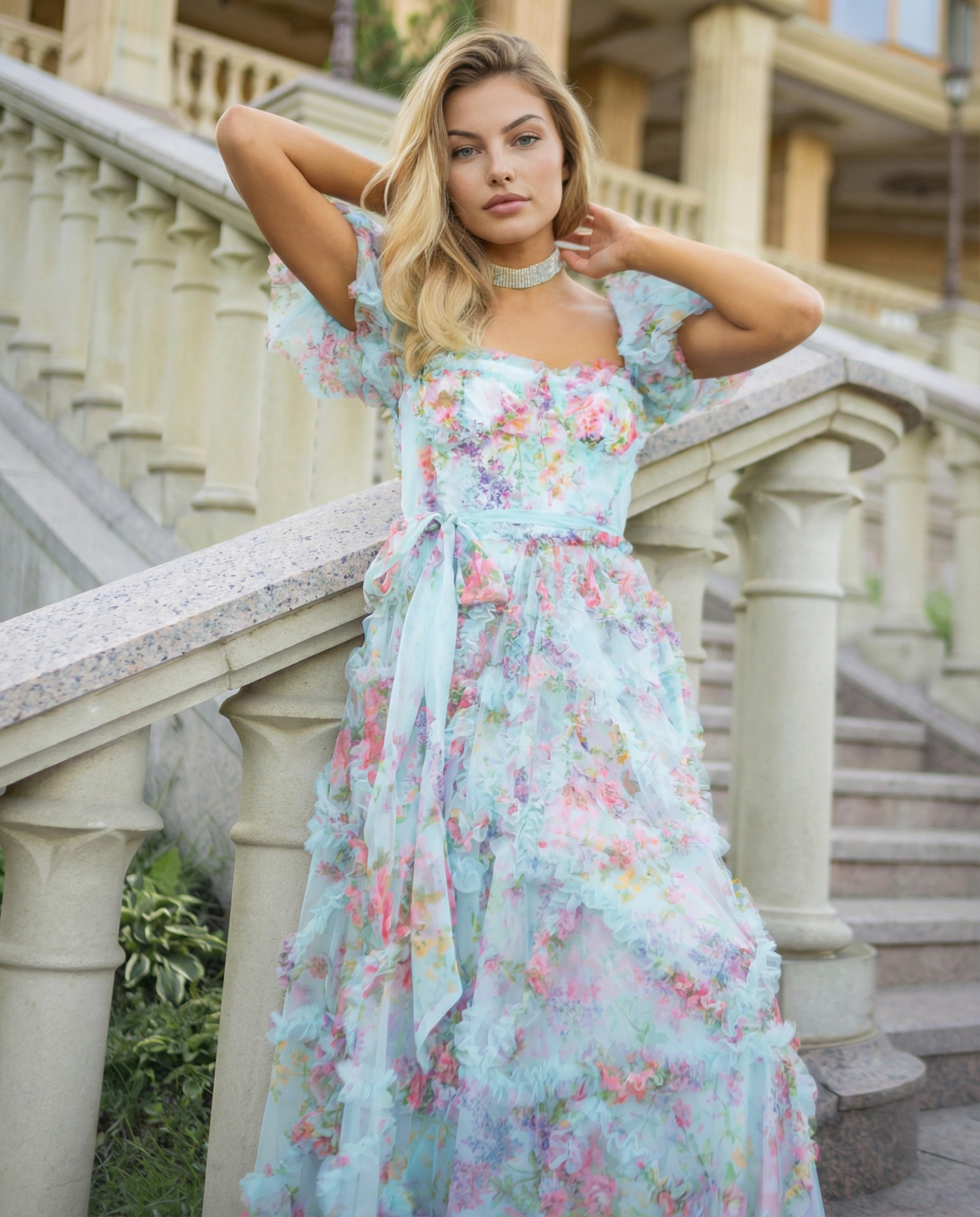 Dana | Maxi Dress with Floral Tulle and Puff Sleeves