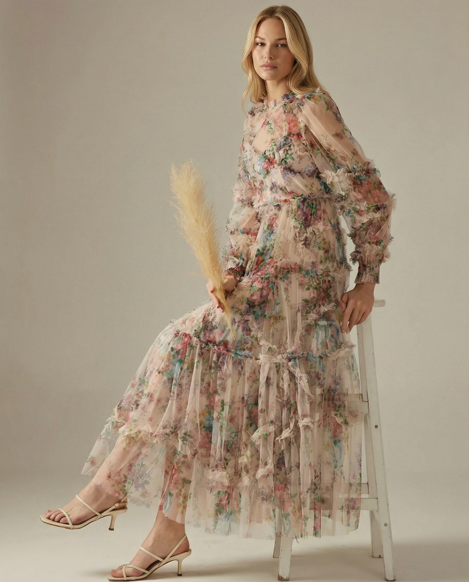 Vickie | Maxi Dress with Floral Ruffle Layers