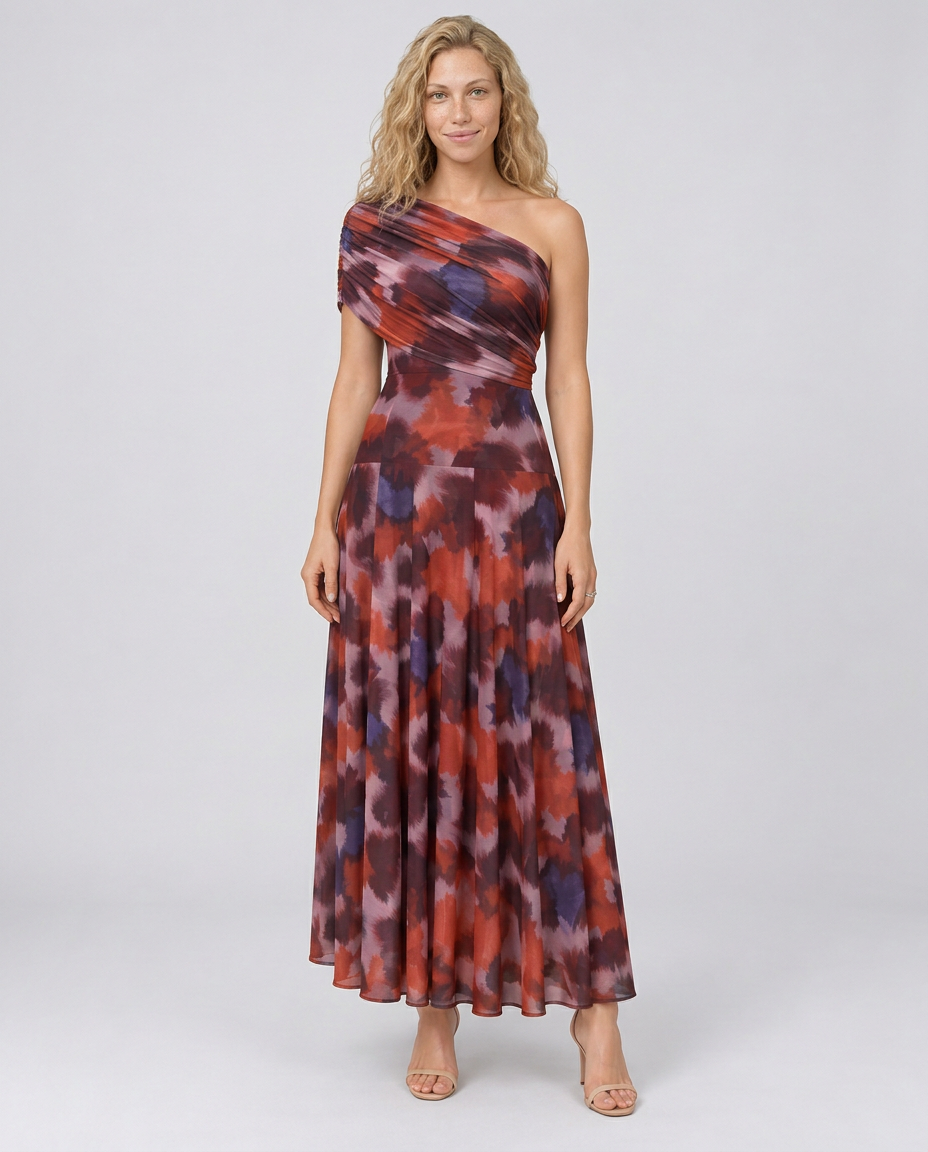 Leticia | One-Shoulder Draped Watercolour Maxi Dress