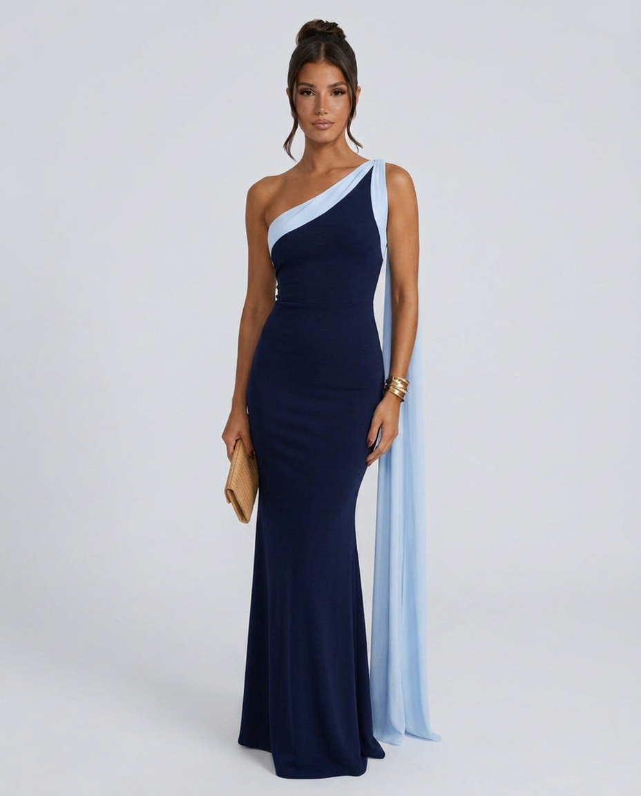 Quinn | Asymmetric Neckline Chiffon-Look Maxi Dress