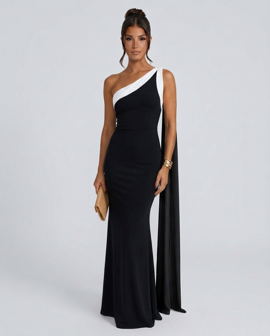 Quinn | Asymmetric Neckline Chiffon-Look Maxi Dress