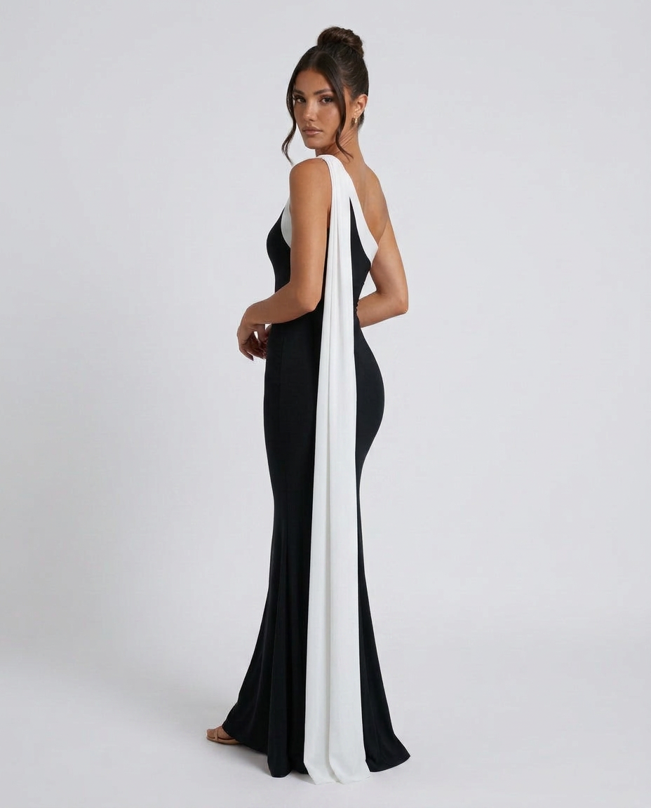 Quinn | Asymmetric Neckline Chiffon-Look Maxi Dress