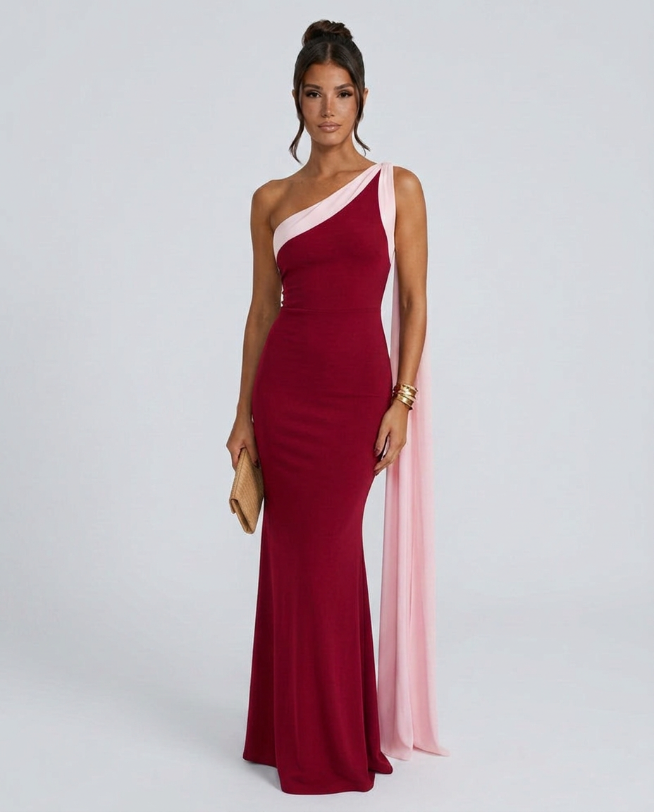 Quinn | Asymmetric Neckline Chiffon-Look Maxi Dress