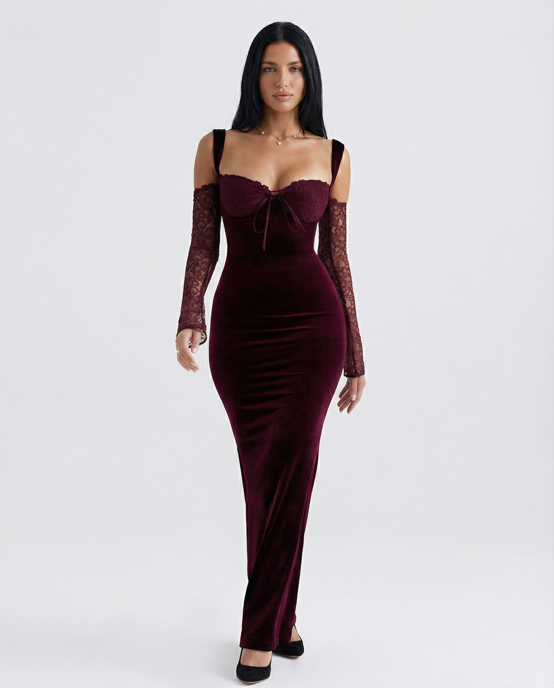 Wanda | Velvet Lace Sleeve Maxi Dress