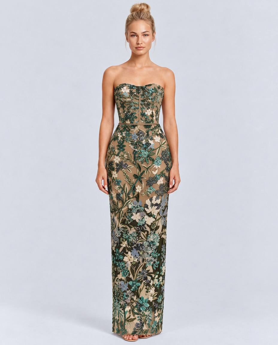 Mindy | Strapless Floral Sequin Maxi Dress