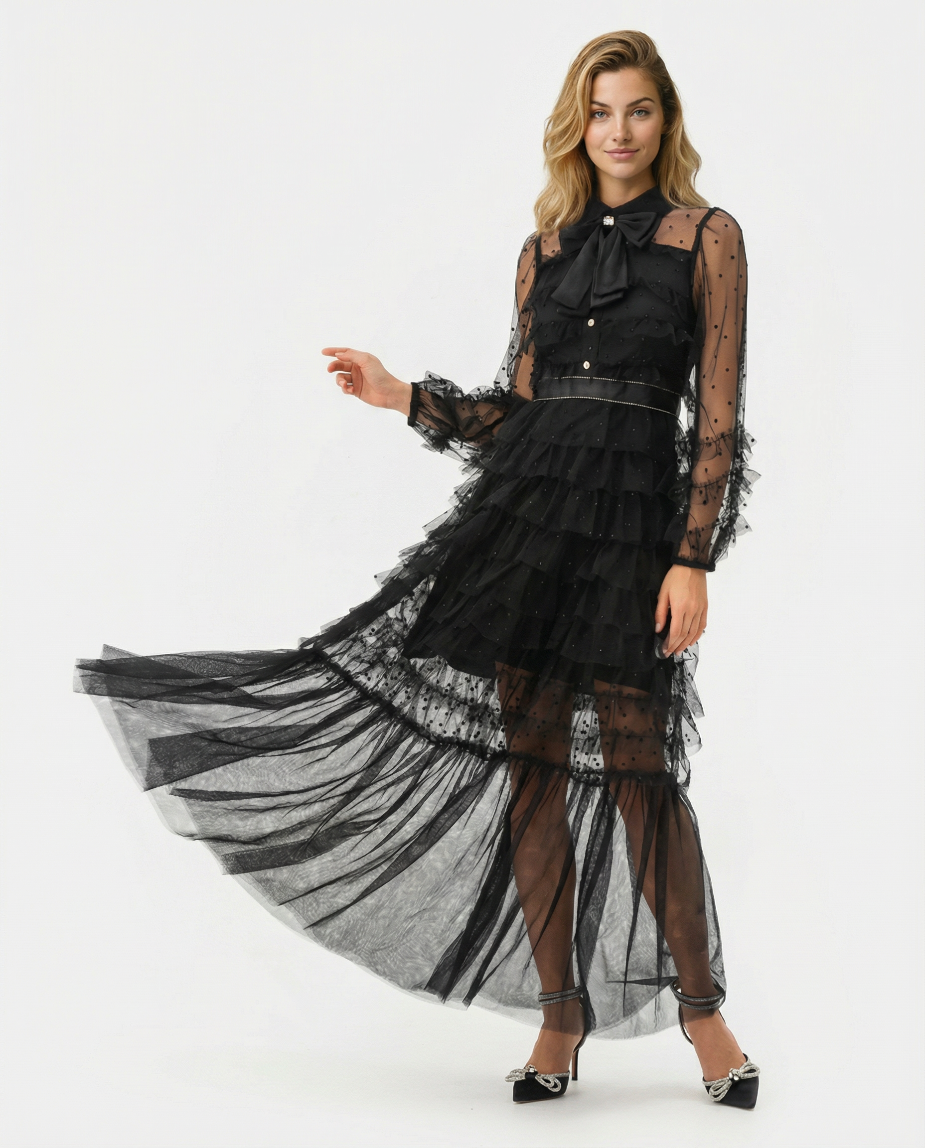Gayle | Maxi Dress with Polka Dot Tulle and Ruffle Layers
