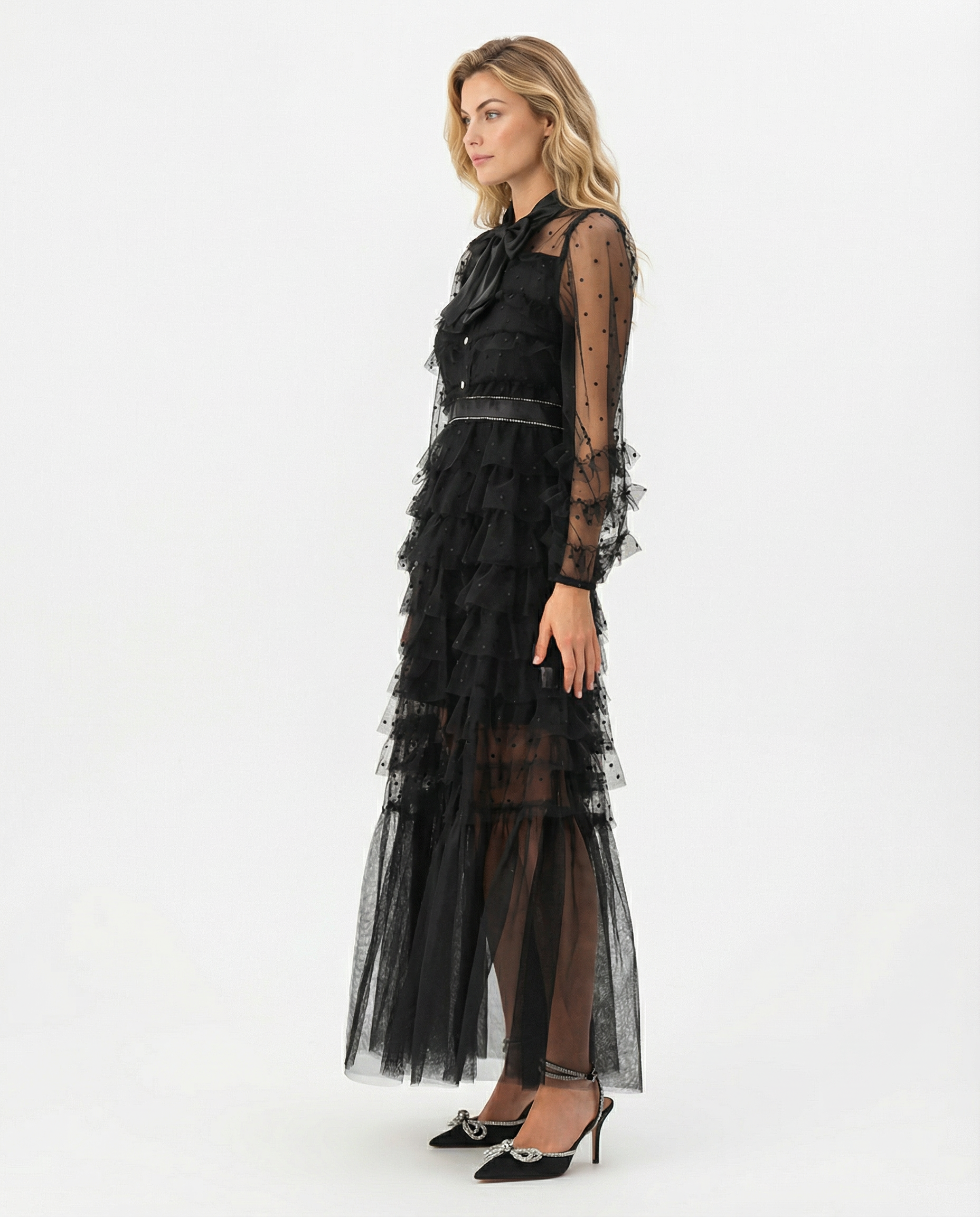 Gayle | Maxi Dress with Polka Dot Tulle and Ruffle Layers