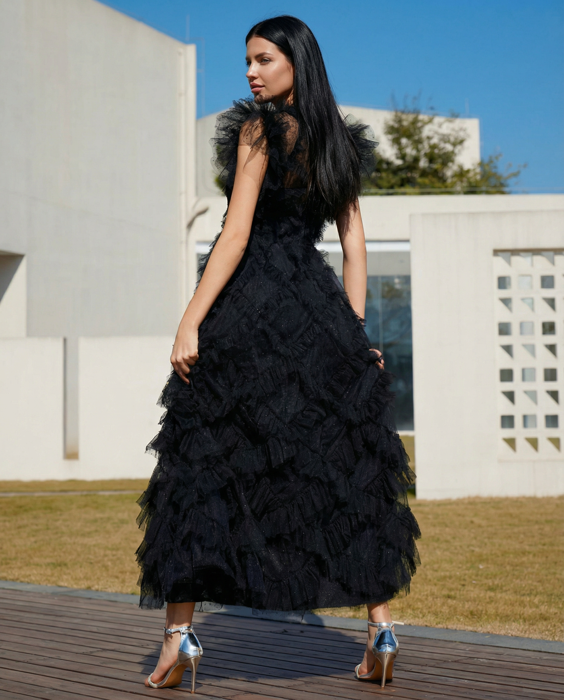 Ila | Maxi Dress with Ruffle Tulle and Sheer Panel