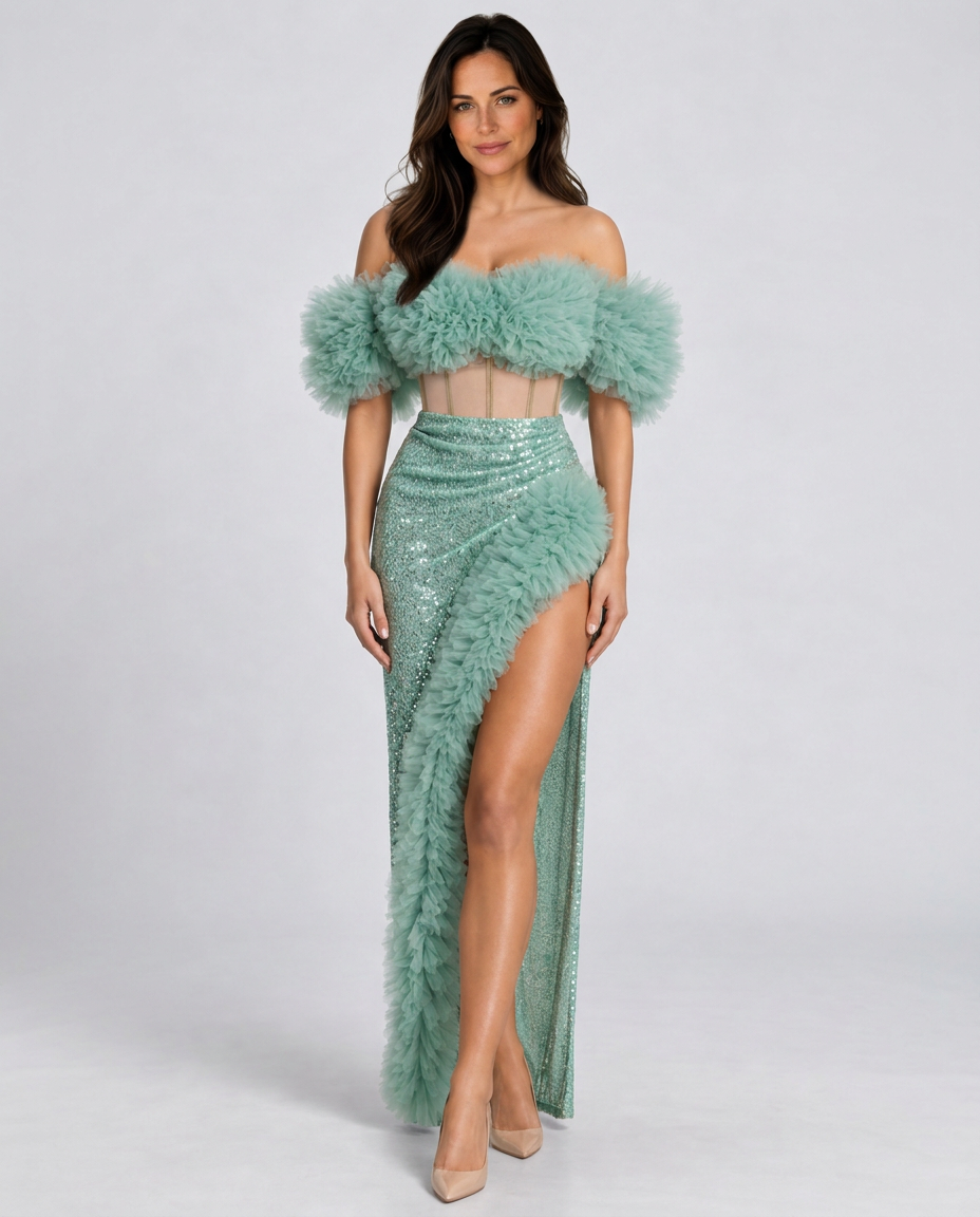 Kira | Corset Tulle Trimmed Sequin Skirt Set