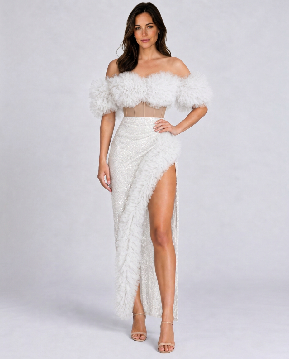 Kira | Corset Tulle Trimmed Sequin Skirt Set