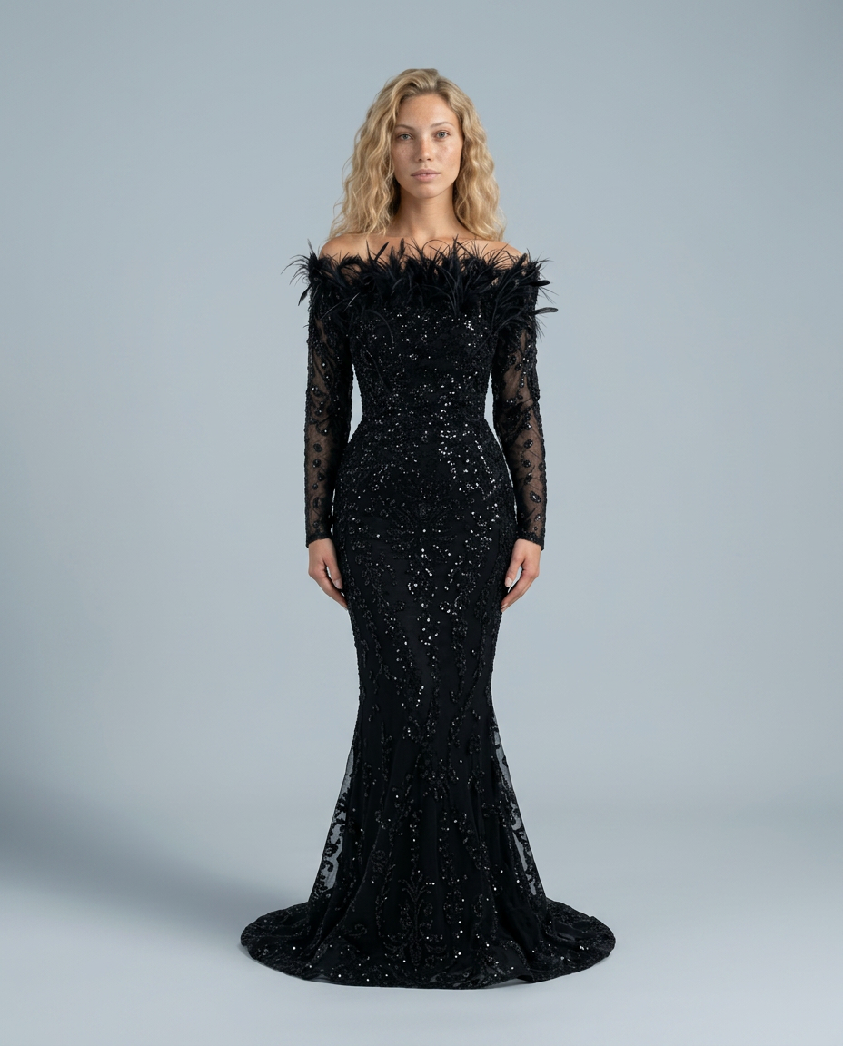 Paola | Corset Feather Sequin Maxi Dress