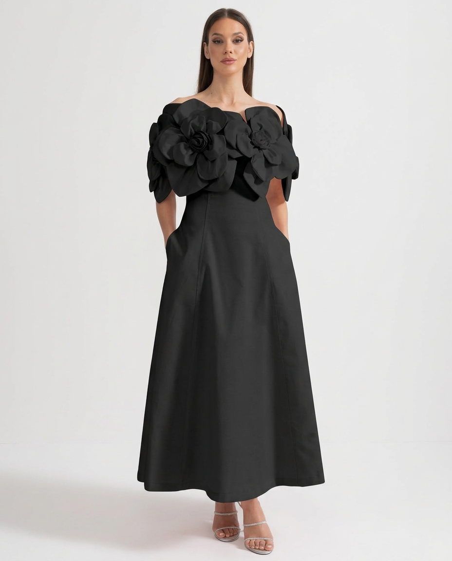Faye | Off-Shoulder 3D Floral Appliqué Midi Dress