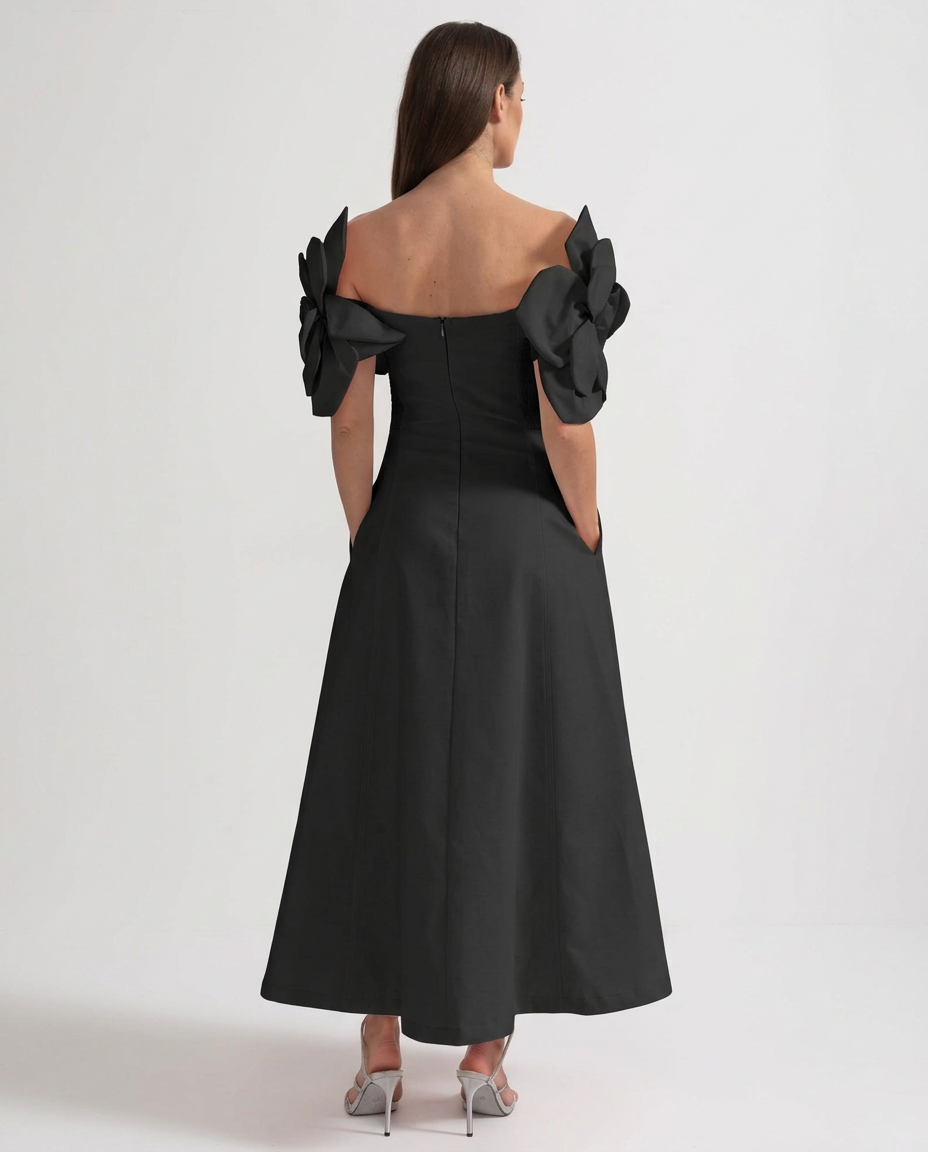 Faye | Off-Shoulder 3D Floral Appliqué Midi Dress