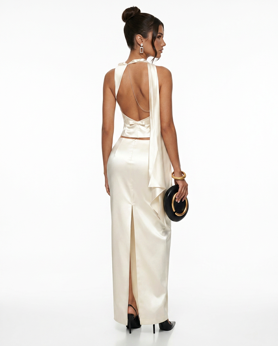 Vera | Halter Plunge Corset Satin-Look Top & Midi Skirt Set