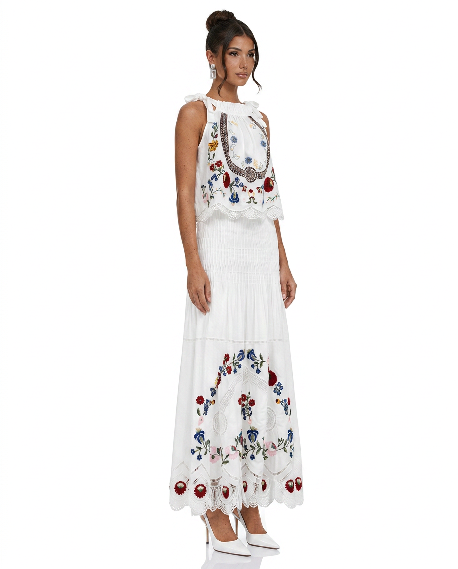 Wyna | Floral Lace-Trim Top & Midi Skirt Set