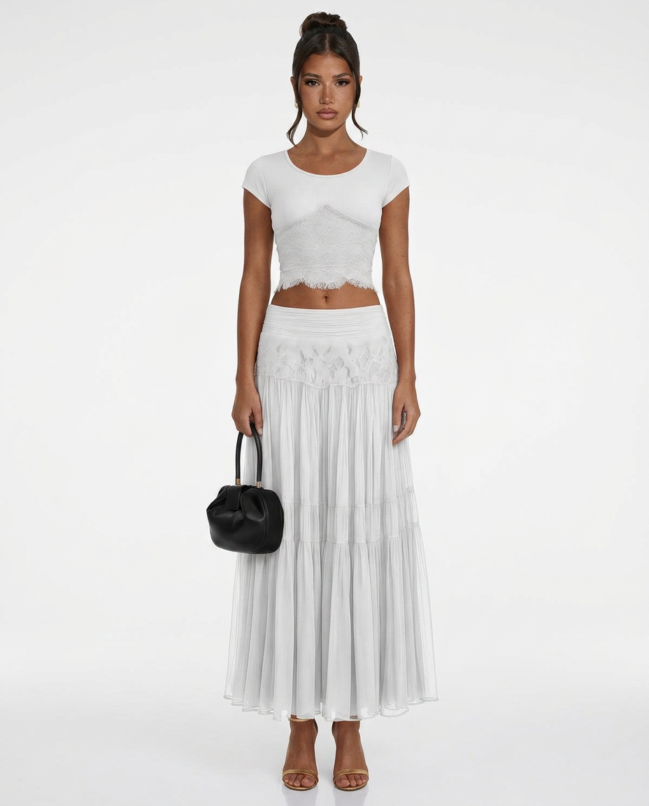Sloane | Knit Top & Lace Panel Midi Skirt Set