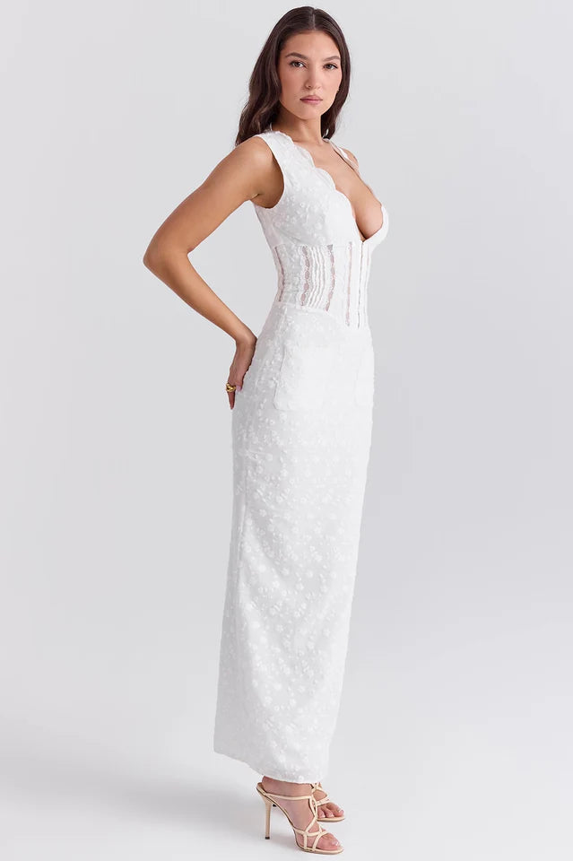 Jane | Maxi Dress with Embroidered Fabric and Deep V Neck