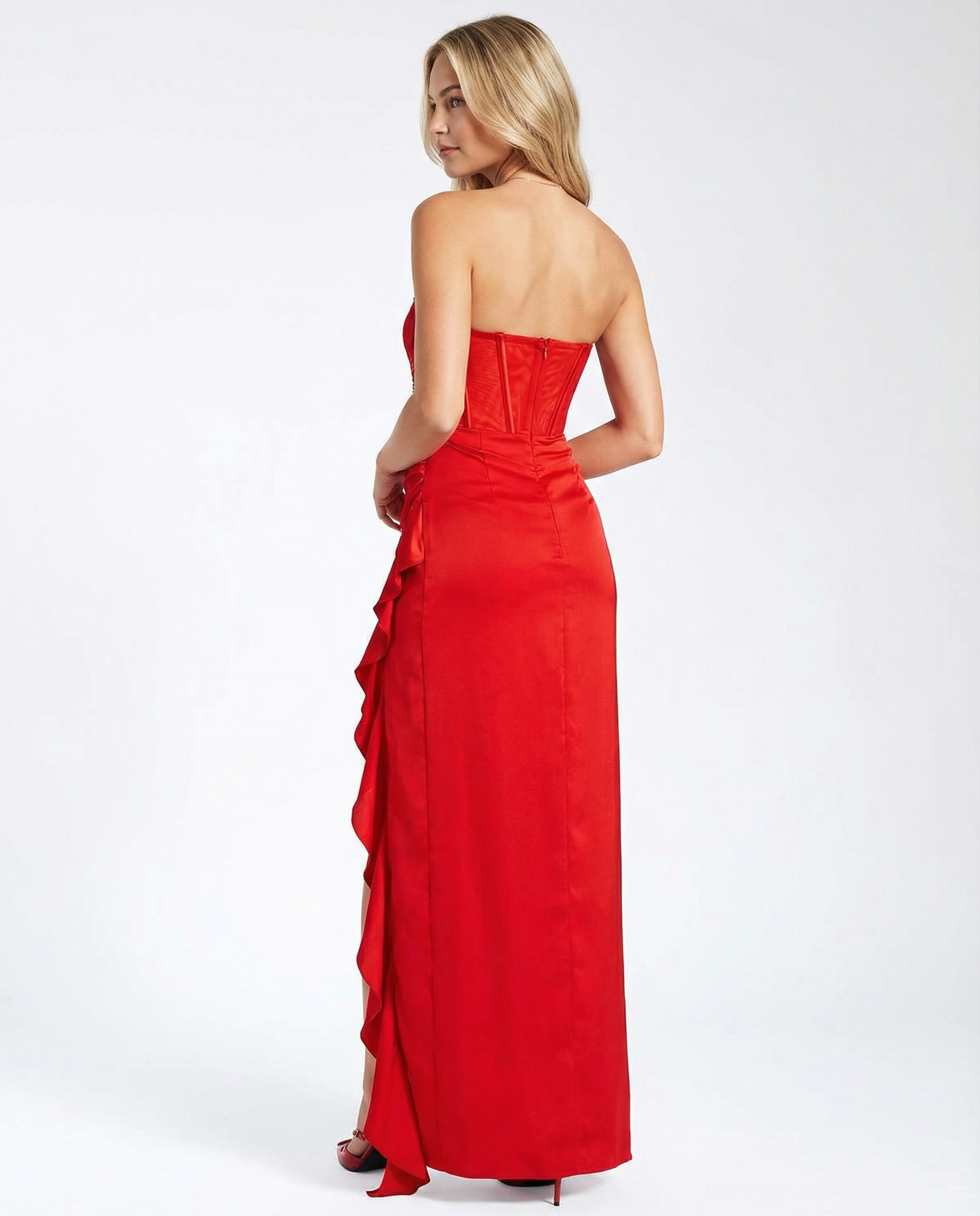 Talia | Satin Maxi Dress with Lace Corset and Ruffle Trim