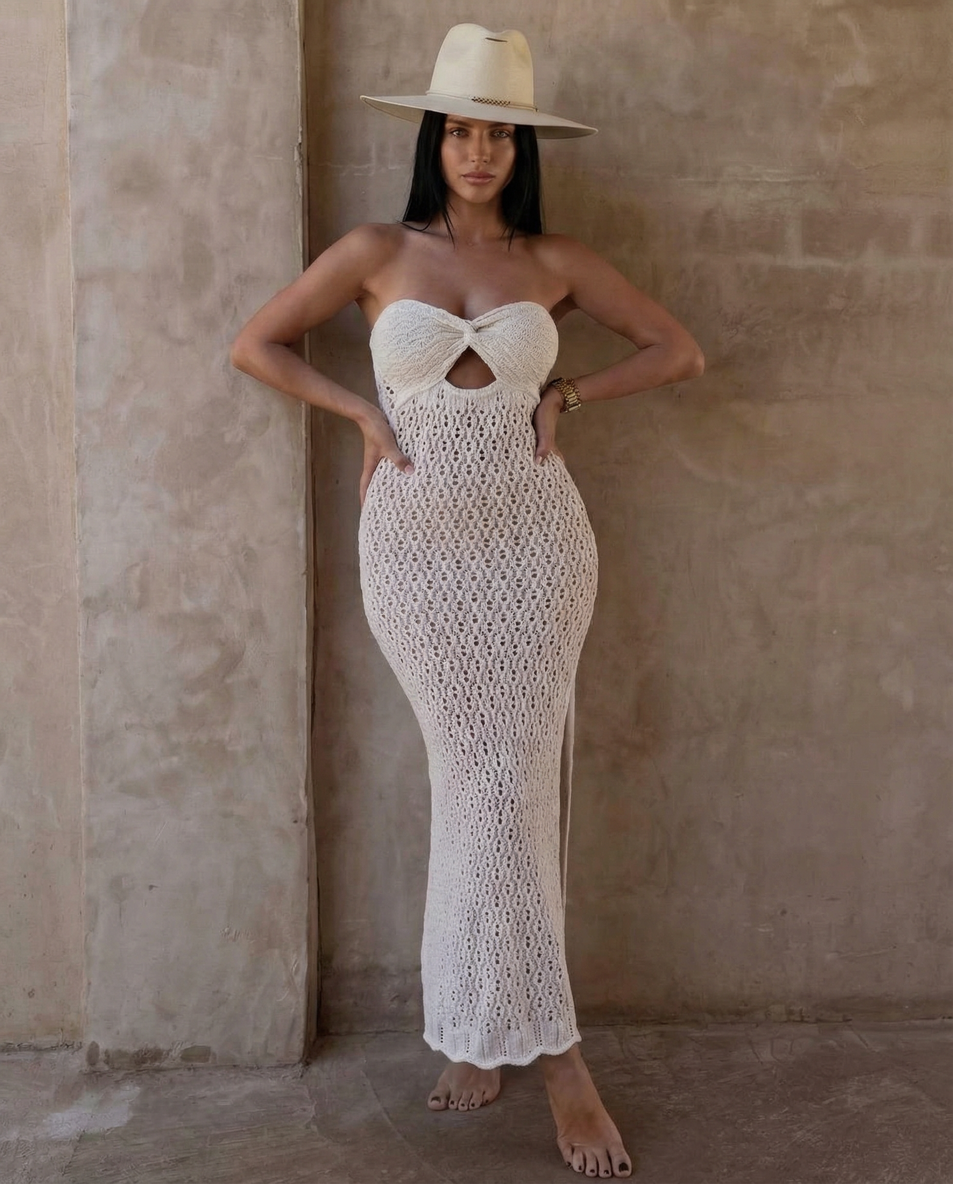 Joni | Strapless Crochet Maxi Dress with Front Split