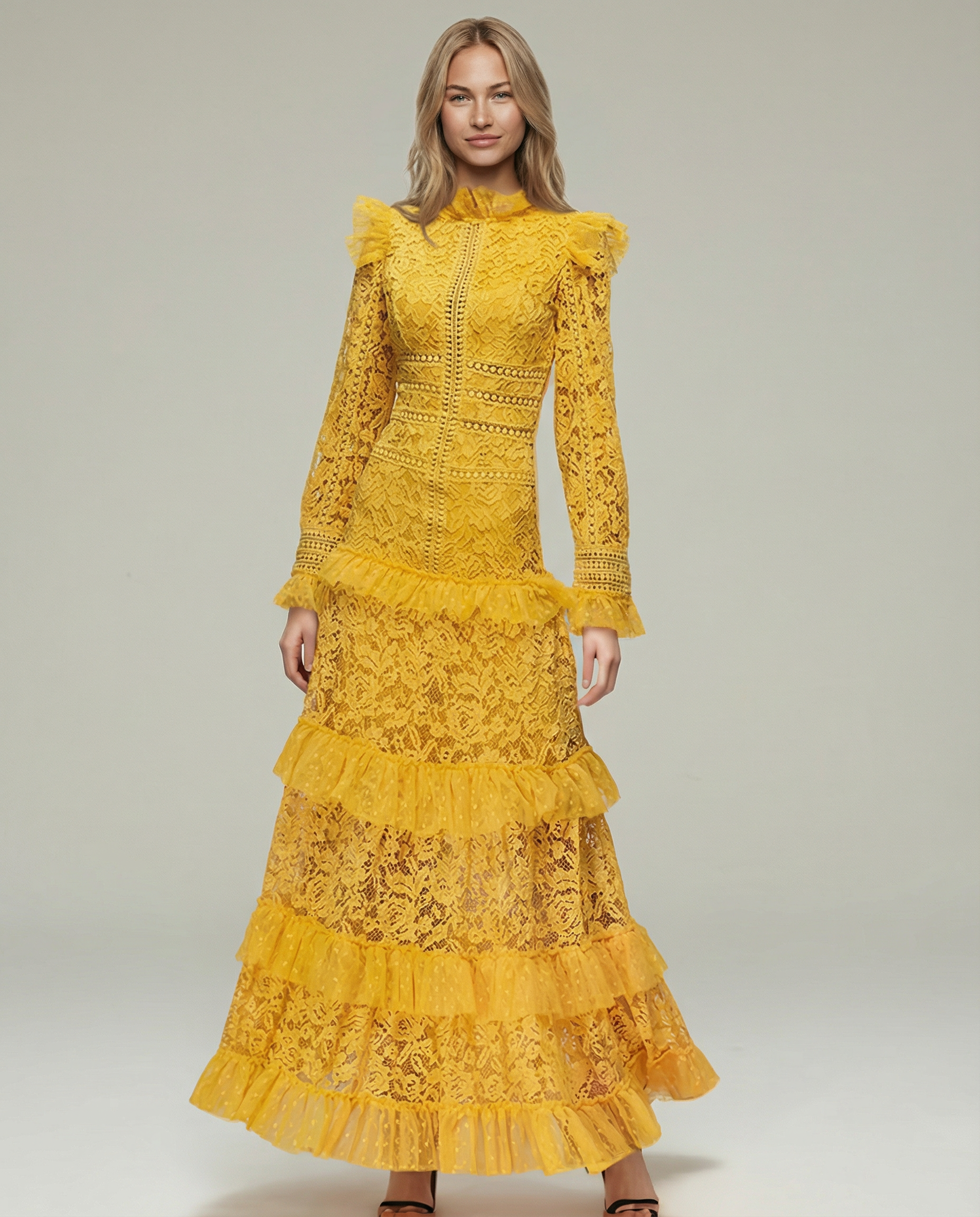 Rebekah | Lace Maxi Dress with Long Sleeves and Tiered Ruffles